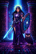 Athena Cyber Guardian – Premium Neon Pixel Wall Art (4K Digital Download)