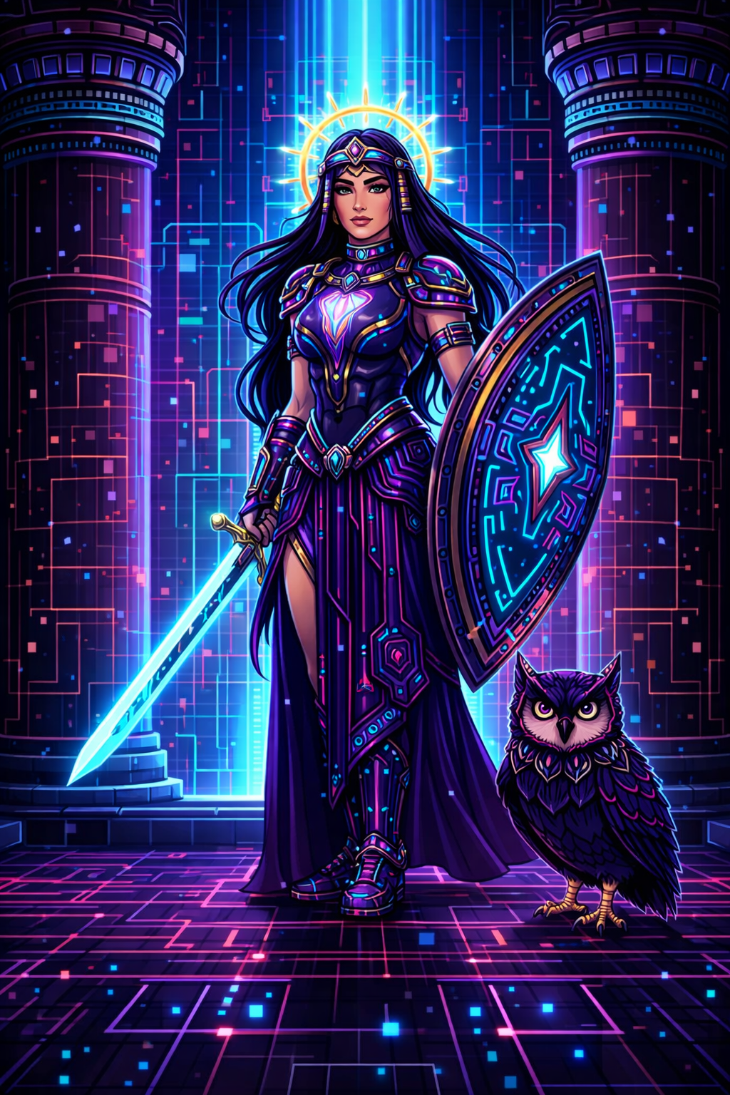 Athena Cyber Guardian – Premium Neon Pixel Wall Art (4K Digital Download)